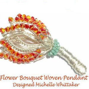 May include: A silver wire woven pendant featuring a flower bouquet design. The bouquet is made of red and orange glass beads. The pendant has a turquoise bead at the bottom.