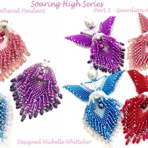 May include: Four beaded ornaments in pink, purple, blue, and red. The ornaments are shaped like angels with wings and a feathered pendant. The ornaments are part of a series called "Soaring High Series".