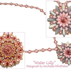 May include: A pink and silver beaded necklace with a large, circular pendant. The pendant is made of beads in a variety of shapes and sizes, and it features a delicate, floral design. The necklace is called "Water Lilly" and is designed by Michelle Whittaker.