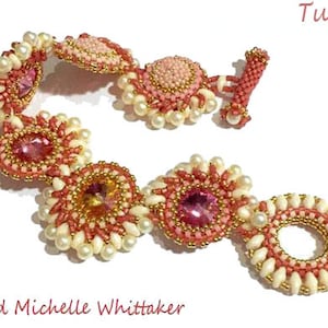 May include: A pink and white beaded bracelet with a clasp. The bracelet features a repeating pattern of round beads with a crystal center. The bracelet is designed by Michelle Whittaker.