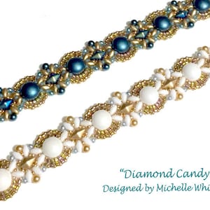 May include: Two beaded bracelets, one with white beads and gold accents, and the other with blue beads and gold accents. The bracelets are called "Diamond Candy" and are designed by Michelle Whittaker.
