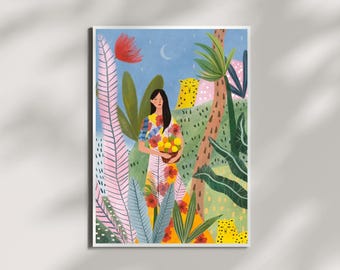 Tropical Jungle Art Print: Leopard, Woman, Botanical Illustration