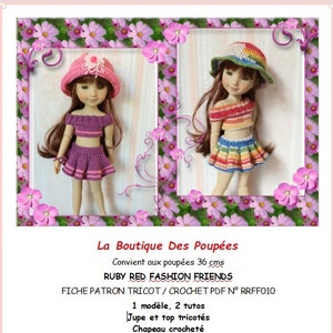 Op de afbeelding: Een haakpatroon voor een poppenoutfit, met een regenboog gestreept topje en rok, en een roze gehaakte hoed. Het patroon is voor poppen van 36 cm hoog. Het patroon heet "Ruby Red Fashion Friends" en is beschikbaar als PDF-download.