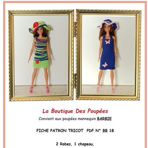 May include: Two Barbie dolls wearing handmade knitted dresses and hats are displayed in ornate gold frames. One doll wears a green, blue, and pink striped dress and a matching hat. The other doll is in a blue dress with butterfly accents and a matching hat. The text "La Boutique Des Poupées" is visible.