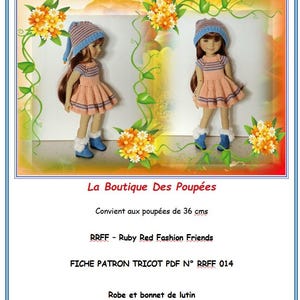 Puede incluir: Un patrón de tejido para un vestido y un gorro rosa y azul para una muñeca de 36 cm. El patrón se llama "Ruby Red Fashion Friends" y es para un vestido y un gorro de duende.