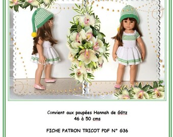 May include: Knitting pattern for a green and white dress and matching green and white hat for a doll. The pattern is for dolls 18 to 20 inches tall. The pattern is called "FICHE PATRON TRICOT PDF N° G36 Robe, Bonnet de lutin".