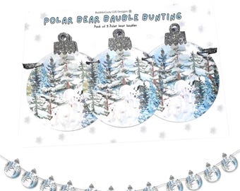 Polar bear paper bauble garland Winter Christmas bunting Snowy woodland decoration for fireplace with silver hangers