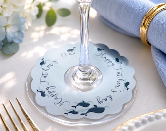 Happy Father’s Day round drink tags, Light blue scalloped edge paper wine glass markers, Whale themed tableware set of 6 for dad