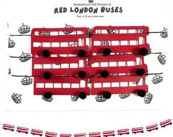 Mini double decker bus bunting, London bus transportation party, Cute red buses with pom pom wheels for baby bus first birthday