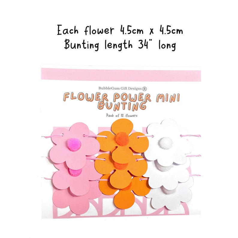 Mini Retro flower garland pom pom centres Daisy and Pansy bunting pink orange and white 70s floral garland flower power party Bild 2