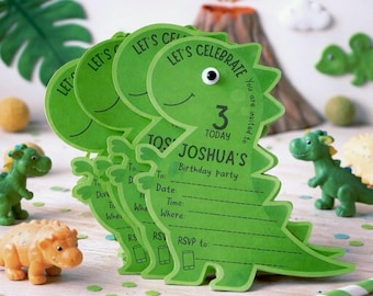 Personalised T-Rex Birthday Invitations – Green Dinosaur Shaped Party Invites with googly eyes including name, date, time, location, rsvp
