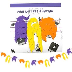 Puede incluir: Una guirnalda de bruja de papel morado, amarillo y naranja con el texto "Mini Witches Bunting" y "12 piece Witches bunting".