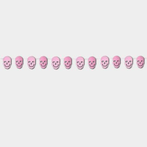 May include: A pink and white skull garland with 12 skulls. The garland is perfect for Halloween decorations.