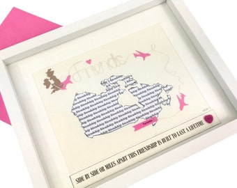 Map print custom travel map artwork friendship gift for best friend leaving gift or emigrating Location print gift map personalised pink