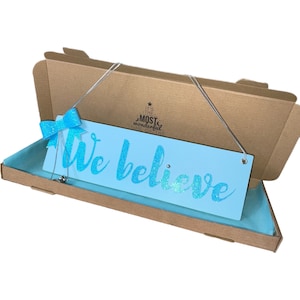Blue We Believe Christmas sign wall decor Light blue Christmas decoration indoor sign with jingle bells and glitter bow Believe in Santa