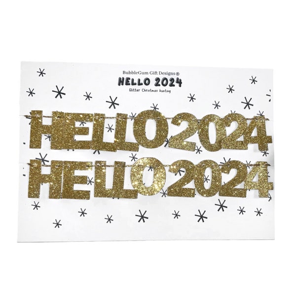 Mini Hello 2024 New Year gold glitter bunting, New Years Eve decoration sparkly lettering celebrate festivities, countdown goodbye 2023 NYE