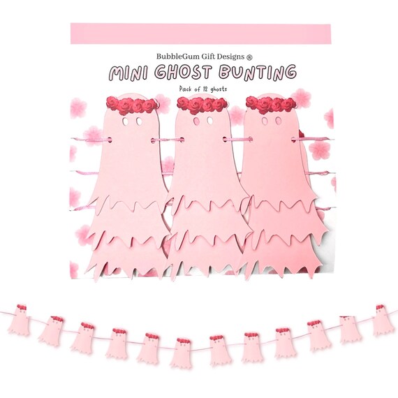 Halloween bunting mini pink ghost with flower crown, Spooky cute kids pretty pastel ghoul decorations pre-threaded ready to hang