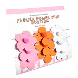 K&ouml;nnte beinhalten: Eine Packung mit 12 bl&uuml;tenf&ouml;rmigen Papierdekorationen mit Pompons in Rosa, Orange und Wei&szlig;. Die Dekorationen sind mit rosa Garn aneinandergereiht und mit "Flower Power Mini Bunting" beschriftet.