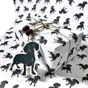 A3 Dachshund wrapping paper single sheet Sausage dog gift wrap with tag and pom poms Funny cute hand drawn Weiner dog gift wrap packing