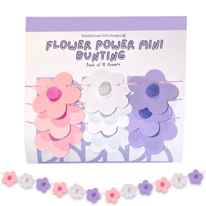 Mini pastel flower garland Daisy shape pink purple and white 70s flower bunting with pom pom centres Two groovy birthday decor for her