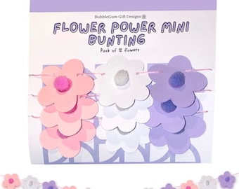 Mini pastel flower garland Daisy shape pink purple and white 70s flower bunting with pom pom centres Two groovy birthday decor for her