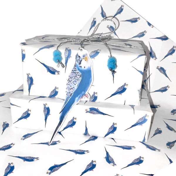 A3 Budgie wrapping paper, Single sheet blue Parakeet gift wrap set with gift tag, pom pom string, cute Budgerigar budgie accessories