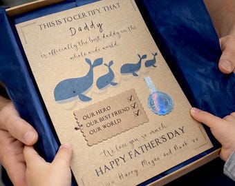 Tarjeta de regalo con certificado para el mejor papá. Regalo con temática de ballenas para él. Tarjeta de agradecimiento para papá. Premio personalizado del Día del Padre de los hijos a papá.