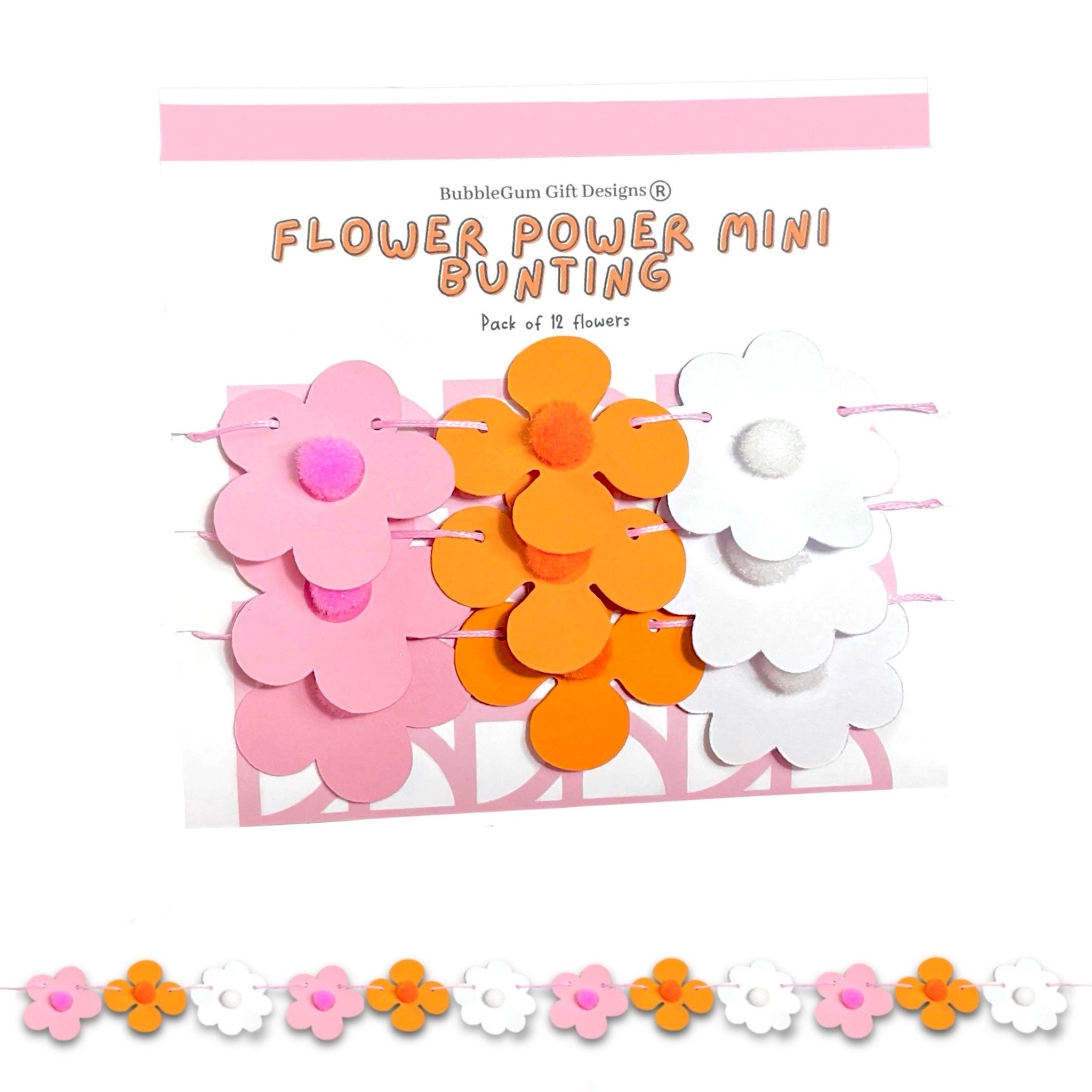 Mini Retro flower garland pom pom centres Daisy and Pansy bunting pink orange and white 70s floral garland flower power party