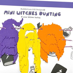 Puede incluir: Una guirnalda de bruja de papel morado, amarillo y naranja con el texto "Mini Witches Bunting" y "12 piece Witches bunting" sobre un fondo blanco.