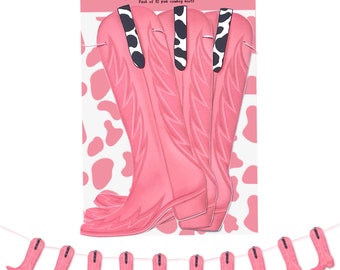 Cowgirl hen do decorations Pink cowboys boots garland Bride to be party Western cowboy bachelorette last rodeo Pick strap pink/Cow print