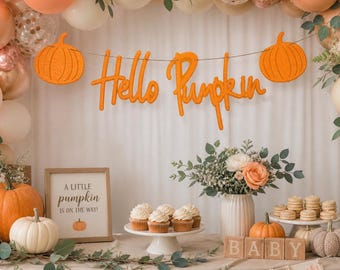 Hello pumpkin baby shower sign orange glitter letters Gender neutral pumpkin shower wall decor Falling in love baby party