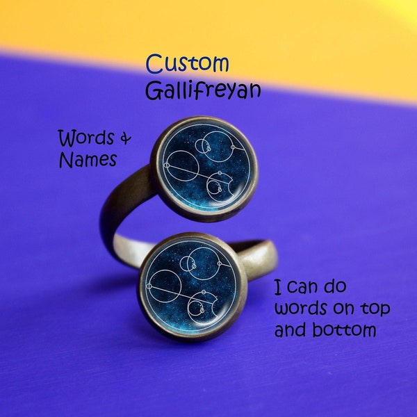 Unique individual circular Gallifreyan I Love You in Gallifreyan Double Ring, Custom Gallifreyan ring, Gallifreyan words, Glass Domed Photo