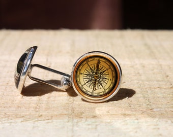 Handmade Vintage compass Cufflinks, compass wedding cuff link, glass dome cuff links, Handmade gift cufflinks for men, handmade gift for her