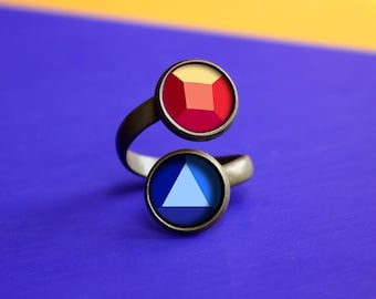 Handmade Ruby and Sapphire Crystal Gems Adjustable Double Ring