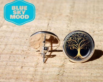 Brincos Árvore da Vida, Símbolo Espiritual, Aço Inoxidável Hipoalergênico, Cabochão de Vidro, Presente da Natureza