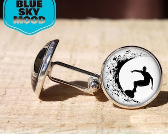 Surfing Wave Cufflinks Surf Rider Gift Silver Bronze Plated Ocean Jewelry Beach Wedding Accessories