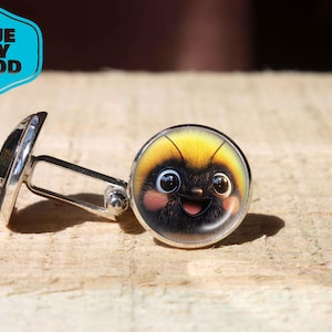 Handmade Cute Bee Cufflinks, Cartoon Bumblebee Jewelry Cufflink, Insect Cuff link, Glass Dome Cuff links, Kawaii Bee gift for Her for Him
