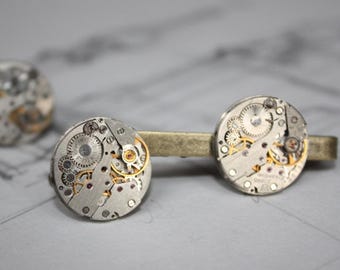 Steampunk Watch Movement Cufflinks Tie Clip Set Bronze Tone Mechanical Gear Jewelry Mens Accessory
