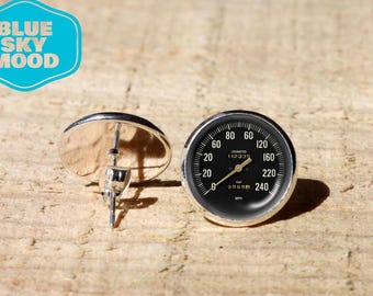 Speedometer Stud Earrings Auto Driver Glass Dome Hypoallergenic Stainless Steel Car Lover Gift