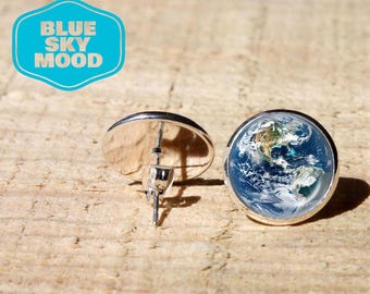 Earth Stud Earrings Hypoallergenic Stainless Steel Space Theme Jewelry Glass Cabochon Science Gift