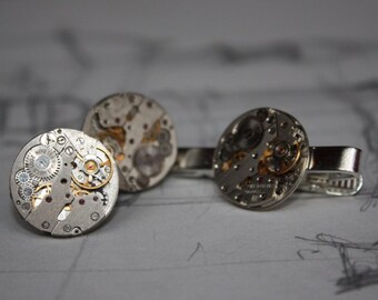 Steampunk Cufflinks and Tie Clip Set Watch Movement Jewelry Mens Mechanical Wedding Accessory 20mm