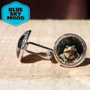 May include: Silver cufflinks featuring a detailed frog image. The cufflinks have a circular face with a frog illustration and a silver bar. The text "BLUE SKY MOOD" is in a blue and white graphic. The cufflinks are on a wooden surface.