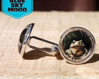 Forest Toad Cufflinks Handmade Rustic Woodland Frog Silver Bronze Plated Glass Cabochon Nature Gift
