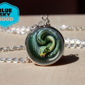 Green Snake Pendant Reptile Serpent Necklace Glass Cabochon Forest Animal Jewelry Wildlife Art Gift