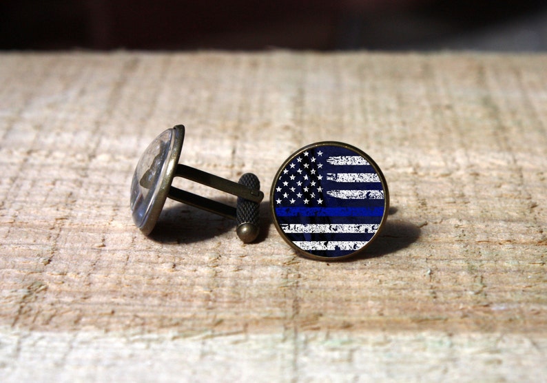 Thin Blue Line Police Square Cufflink Set - Plated Metal, Brand New With Packaging