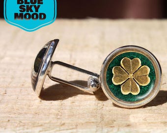 Lucky Four Leaf Clover Cufflinks Silver Bronze Plated Jewelry St Patricks Day Groom Gift