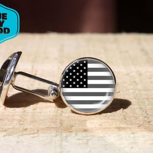Handmade black USA flag cufflinks, patriotic jewelry, minimalist American flag cuff links, handmade gift for him, Picture under glass dome