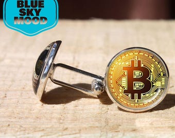 Bitcoin Cufflinks BTC Cryptocurrency Silver Bronze Glass Dome Mens Blockchain Crypto Investor Tech Gift