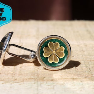 Lucky Four Leaf Clover cufflinks, Green and Gold Handmade Jewelry, Good Luck Handmade silver glass dome cuff links for men for woman