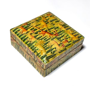 Vintage Hand-painted Trinket Box - Tigers, Deer, Kangaroo perhaps?